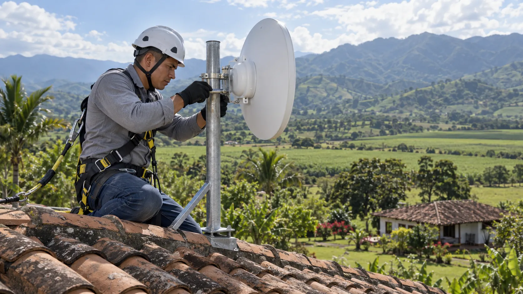 Técnico de IRT instalando una antena en una vivienda rural